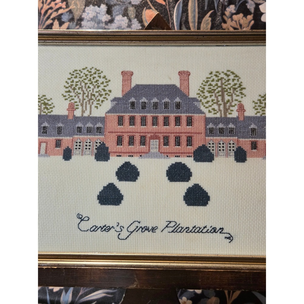 Framed Needlepoint Art Carter's Grove Plantation Historic Home Wall Decor - Picture 3 of 6